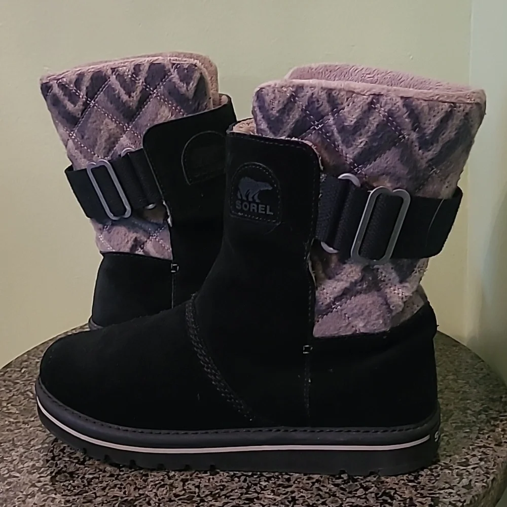 Sorel Newbie Short Boots Black Water-resistant Suede Leather Wmn 8.5 Winter Gray